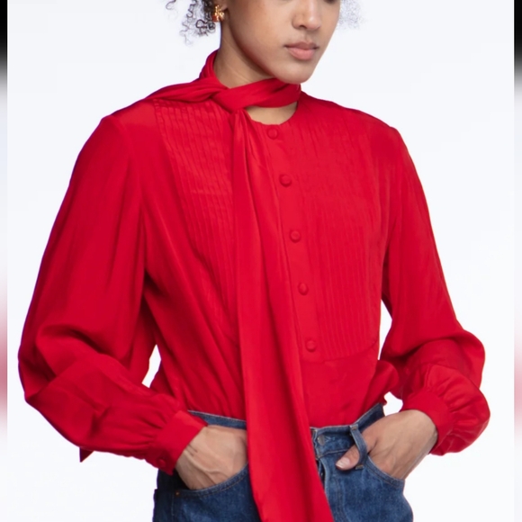 Vintage ADOLFO 100% Silk Cherry Red Tie Neck Long Sleeve Blouse Size Small - Picture 6 of 11